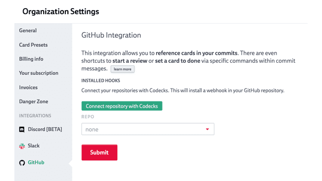Screenshot of organization settings