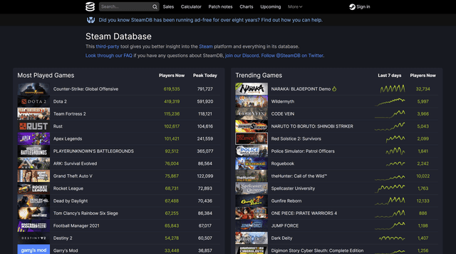 Screenshot of Steam DB