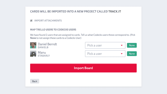 Screenshot of the import board page